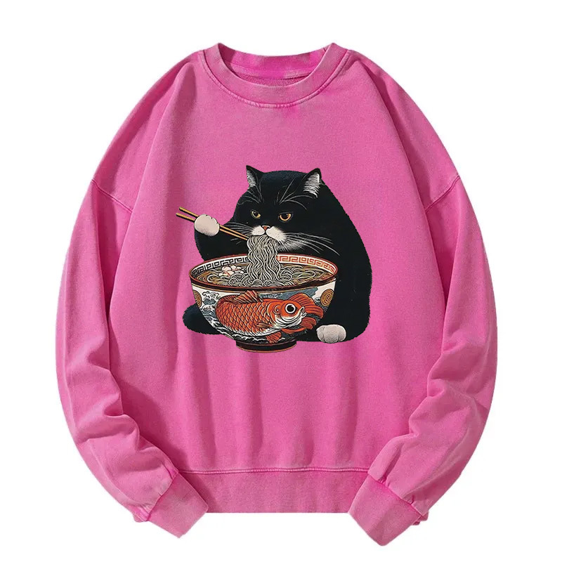 Fat Cat Eating Ramen Washed Sweatshirt
