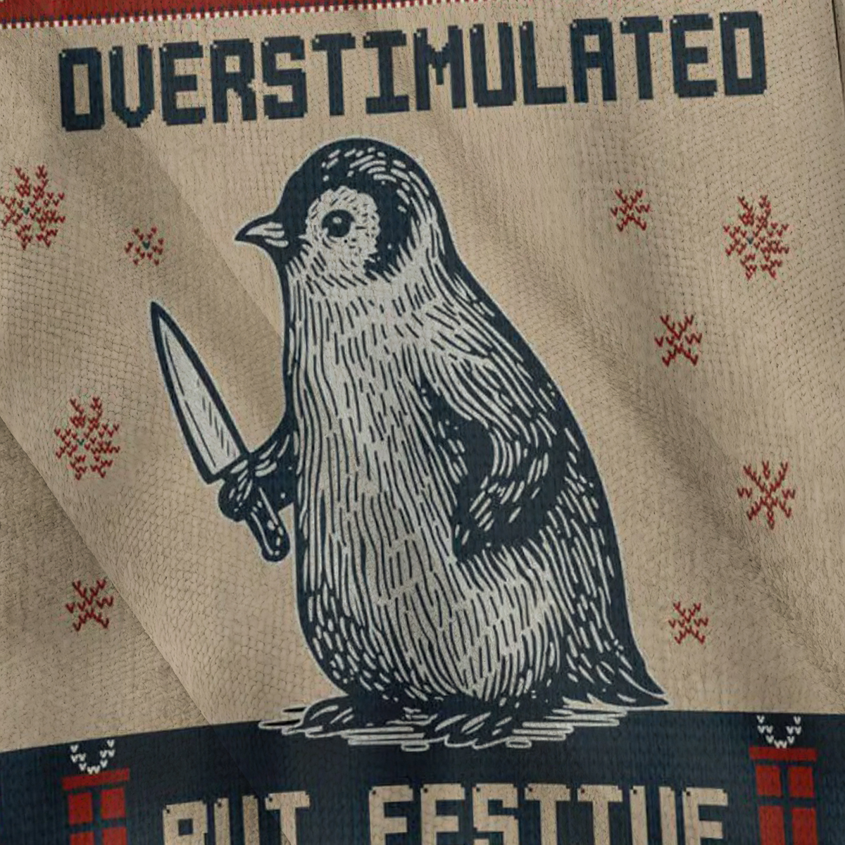 Baddiecat Penguin Overstimulated But Festive Christmas Ugly Sweatshirt