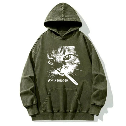 Retro Cat Smoking Washed Hoodie