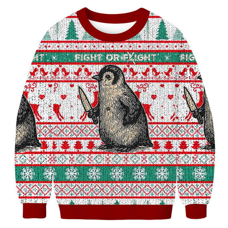 FIGHT OR FLIGHT Penguin Fun Christmas Ugly Sweatshirt