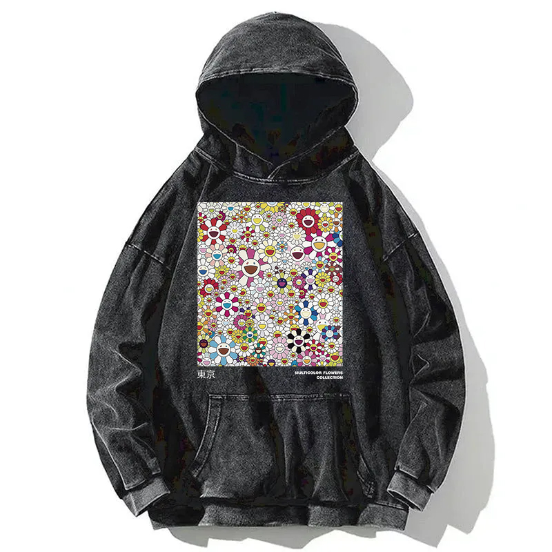 Colorful Flowers Japanese Art Washed Hoodie