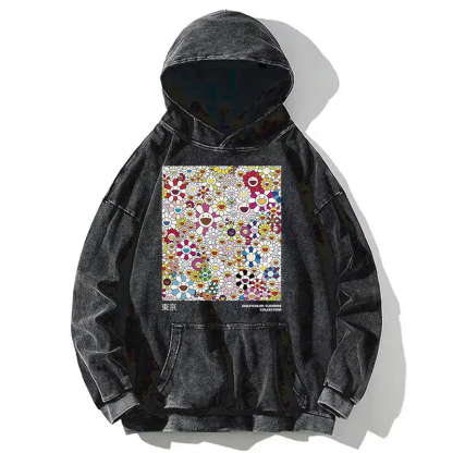 Colorful Flowers Japanese Art Washed Hoodie