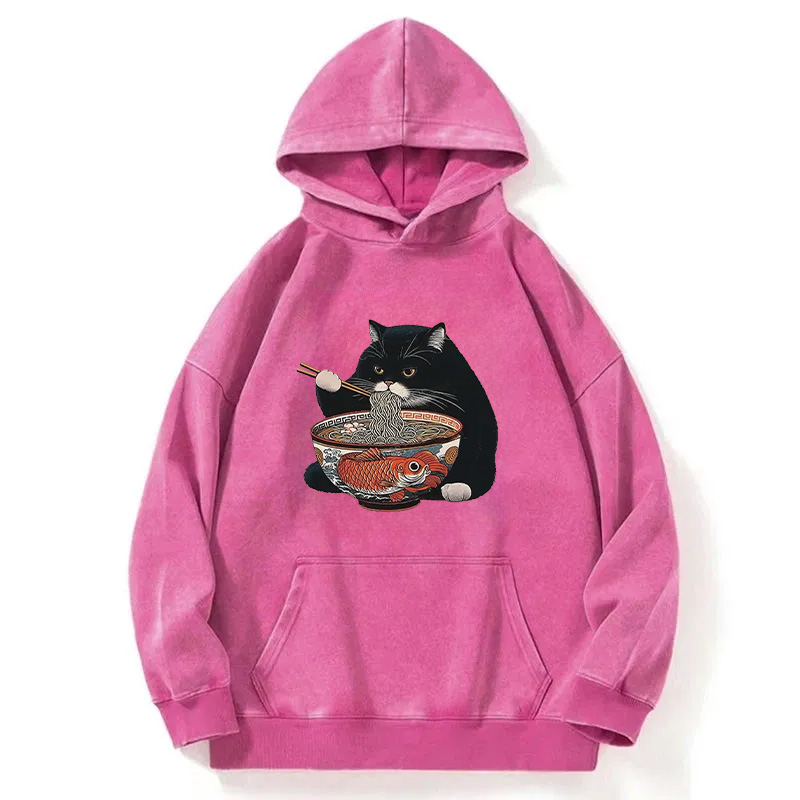 Fat Cat Eating Ramen Washed Hoodie