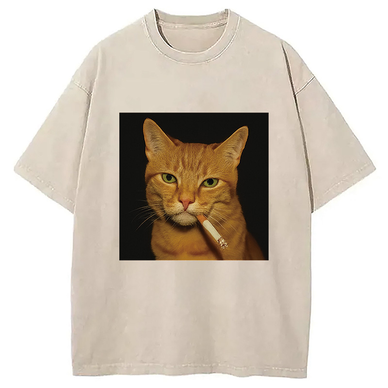 Funny Orange Cat Smoking Meme Washed T-Shirt