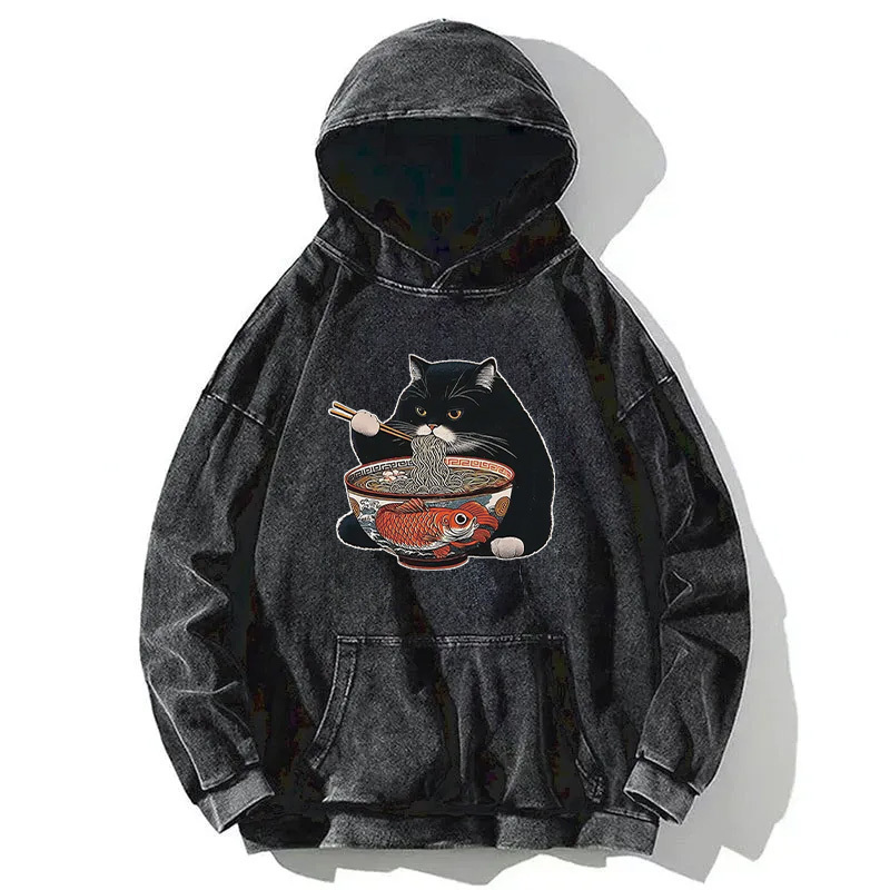 Fat Cat Eating Ramen Washed Hoodie