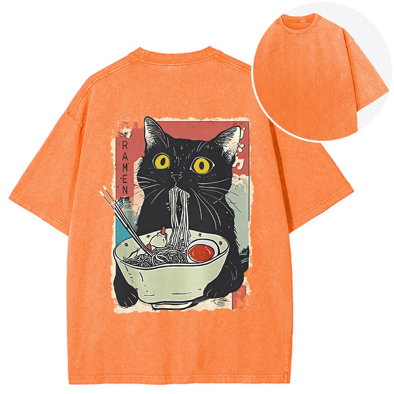 Cute Cat Eating Ramen Back Washed T-Shirt