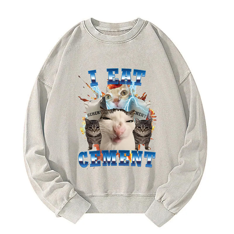 I Eat Cement Funny Cat Meme Washed Sweatshirt
