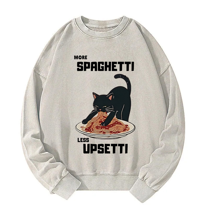 Cat Eating Spaghetti Funny Washed Sweatshirt
