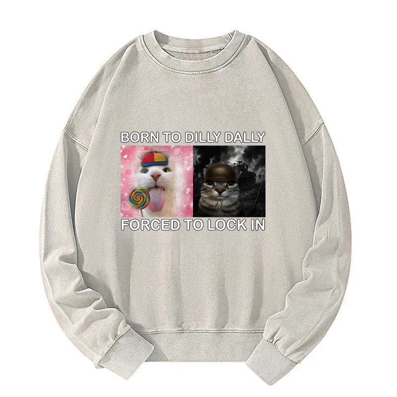 Born to Dilly Dally Funny Cat Meme Washed Sweatshirt
