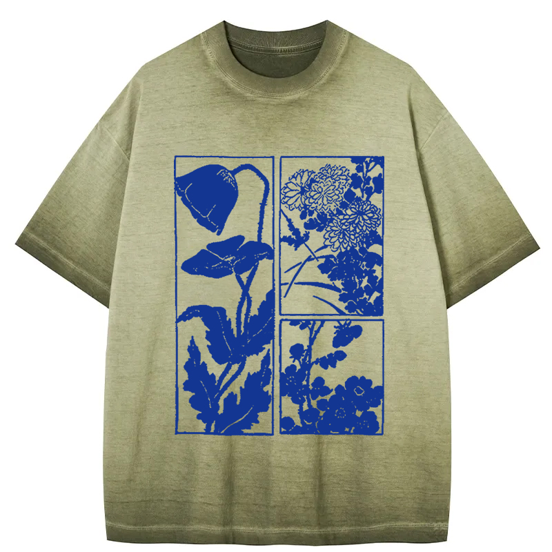 Woodcut Flowers Gradient Washed T-Shirt