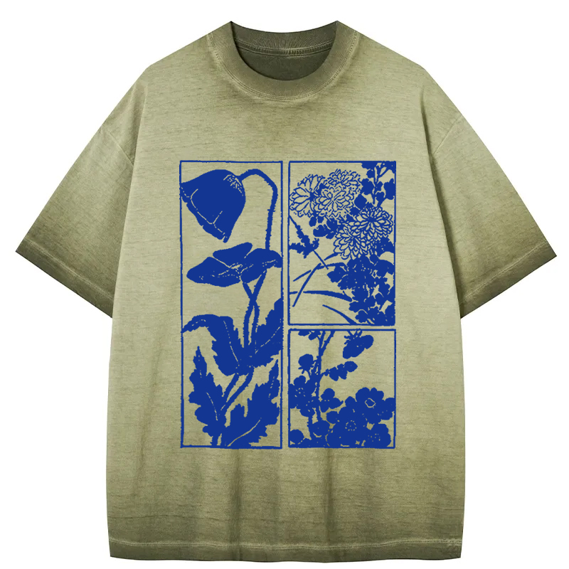Woodcut Flowers Gradient Washed T-Shirt