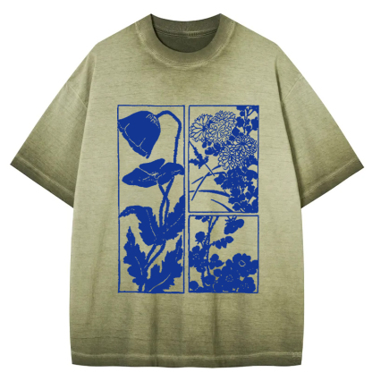 Woodcut Flowers Gradient Washed T-Shirt
