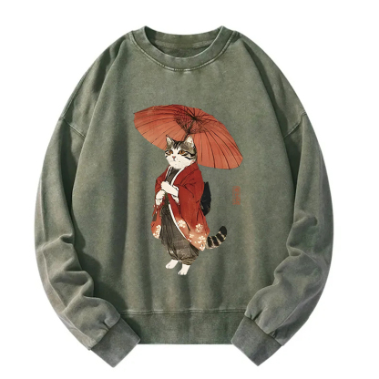 Elegant Cat Holding Umbrella Washed Sweatshirt