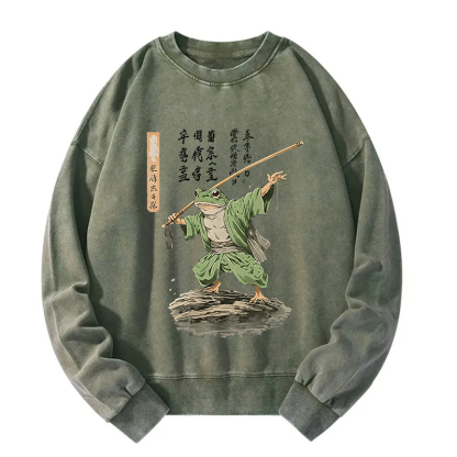 Frog Samurai Japanese Art Vintage Washed Sweatshirt