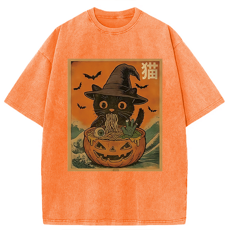 Halloween Cat Eating Ramen Washed T-Shirt