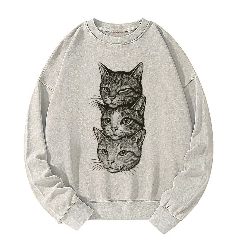 Three Cat Heads Washed Sweatshirt