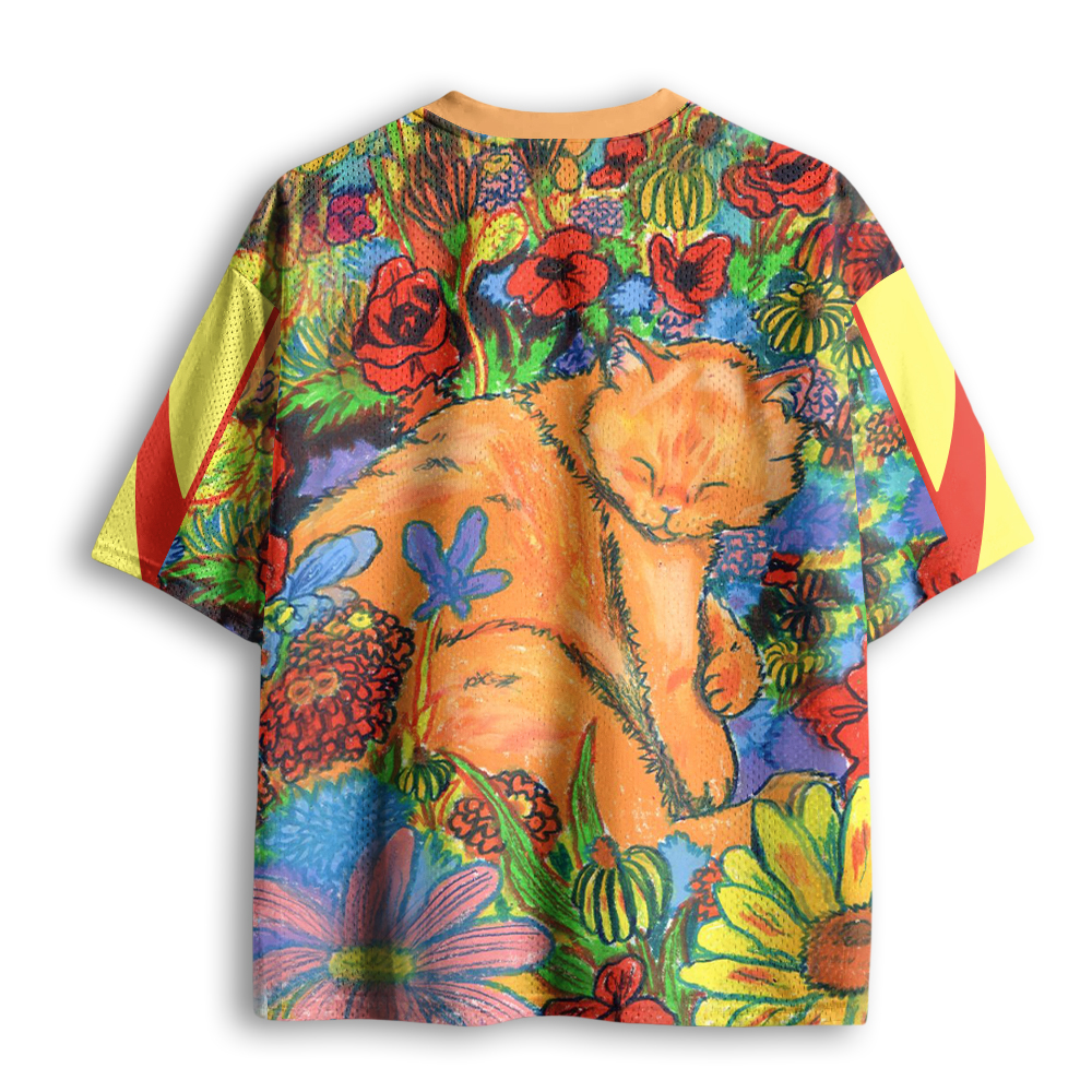 Baddiecat Colorful Orange Cats And Flowers Mesh Jersey