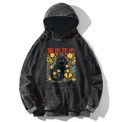 Black Cat In Flower Garden Washed Hoodie