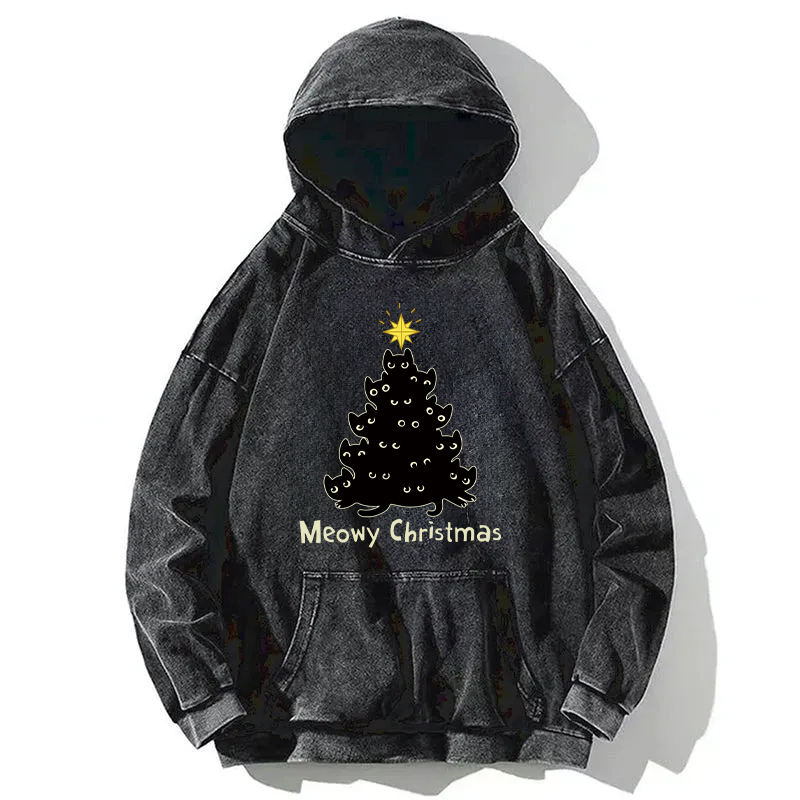 Black Cat Christmas Tree Washed Hoodie