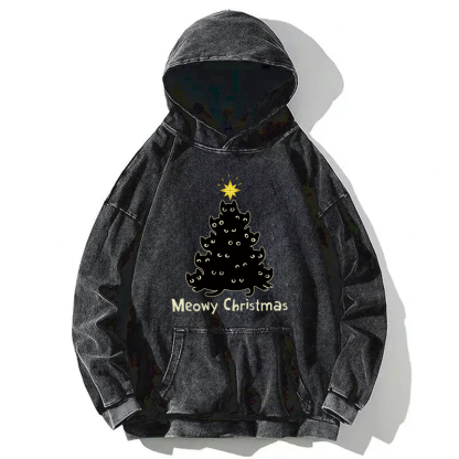 Black Cat Christmas Tree Washed Hoodie
