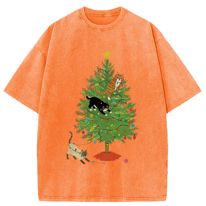 Cats Playing On The Christmas Tree Washed T-Shirt