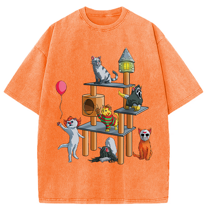 Funny Cat Horror Movies Cute Halloween Washed T-Shirt