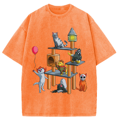 Funny Cat Horror Movies Cute Halloween Washed T-Shirt