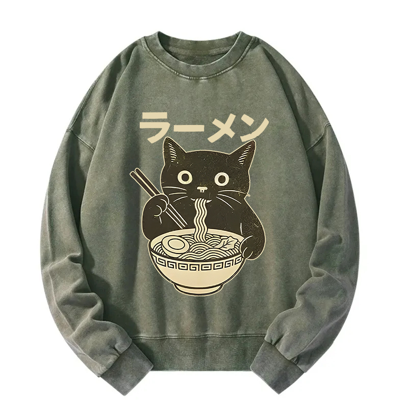 Simple Black Cat Eating Ramen Washed Sweatshirt
