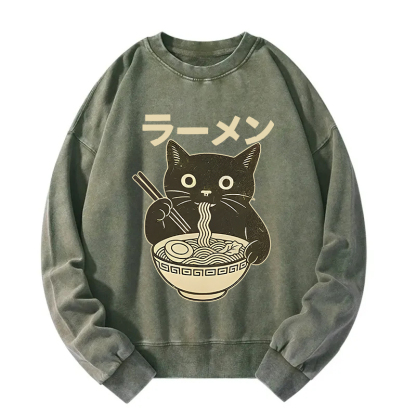 Simple Black Cat Eating Ramen Washed Sweatshirt