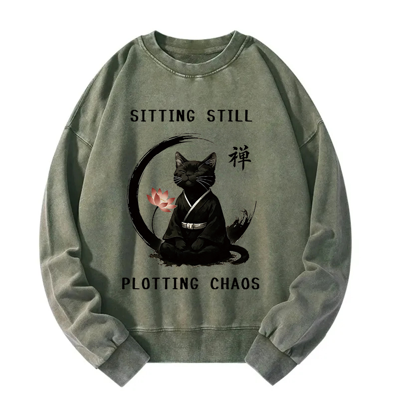 Sitting Calming Zen Cat Washed Sweatshirt