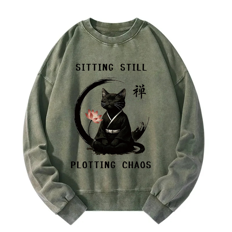 Sitting Calming Zen Cat Washed Sweatshirt