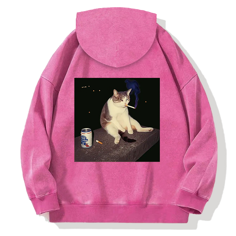Cigarette Kitten Funny Smoking Cat Meme Back Washed Hoodie
