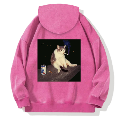 Cigarette Kitten Funny Smoking Cat Meme Back Washed Hoodie
