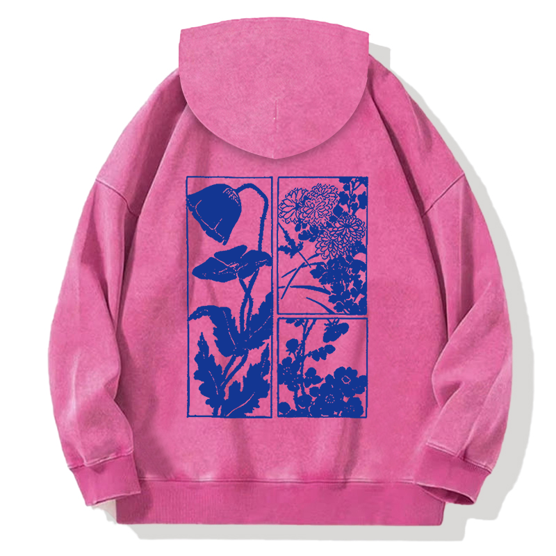 Woodcut Flowers Back Washed Hoodie