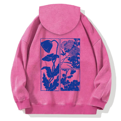 Woodcut Flowers Back Washed Hoodie