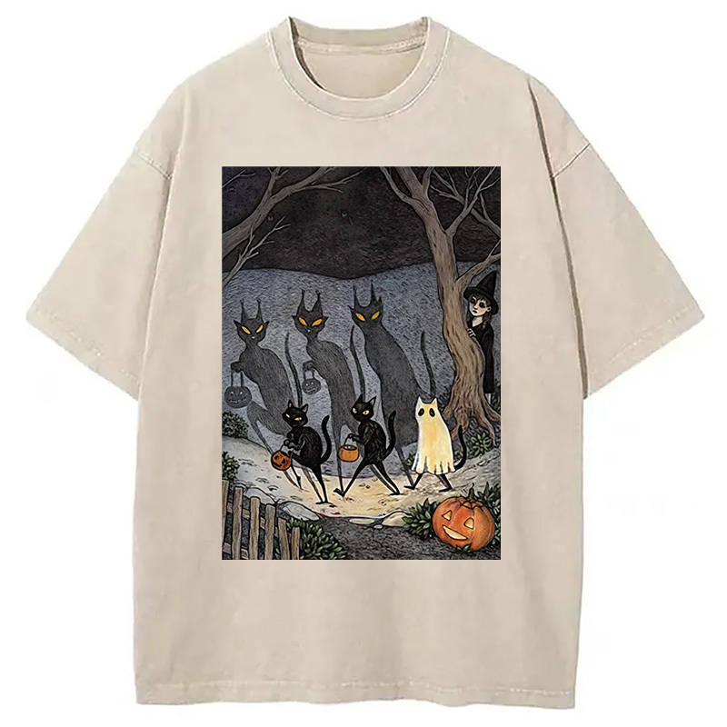 Black Cat Ghost Halloween Washed T-Shirt