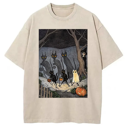 Black Cat Ghost Halloween Washed T-Shirt