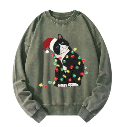 Funny Christmas Lights Cat Washed Sweatshirt