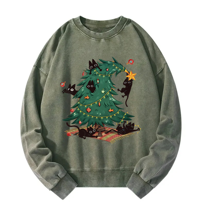 Christmas Tree And Cat Washed Sweatshirt