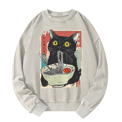 Cute Cat Eating Ramen Washed Sweatshirt