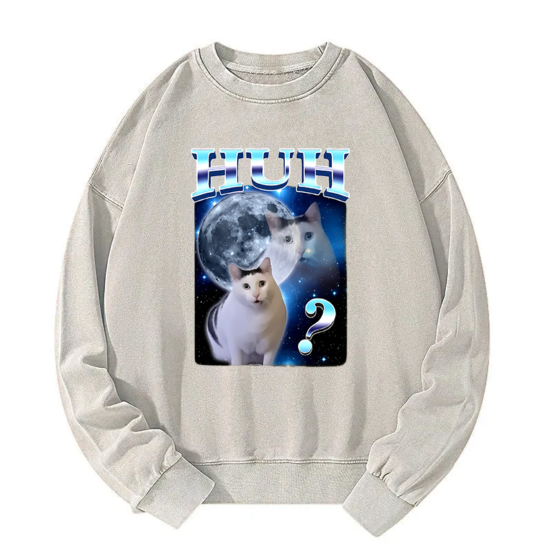 Huh Cat Funny Dank Meme Moon Washed Sweatshirt