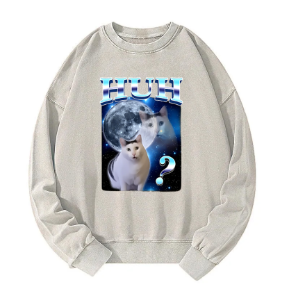 Huh Cat Funny Dank Meme Moon Washed Sweatshirt