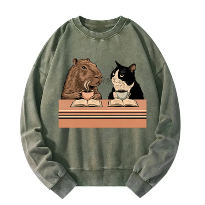 Capybara And Cat Talk Washed Sweatshirt