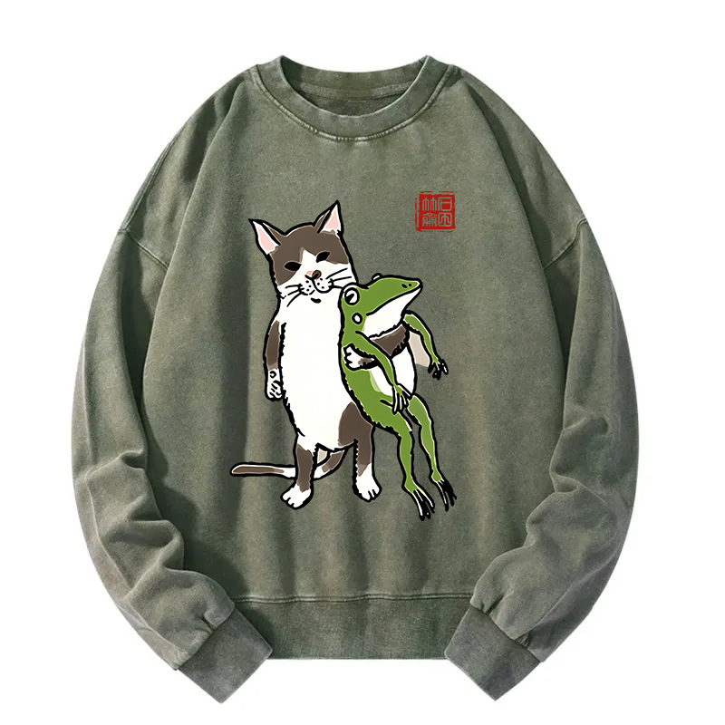Cat Holding A Frog Washed Sweatshirt