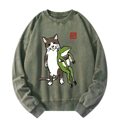 Cat Holding A Frog Washed Sweatshirt