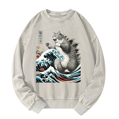 Godzilla Ukiyoe Great Wave Vintage Japanese Design Washed Sweatshirt