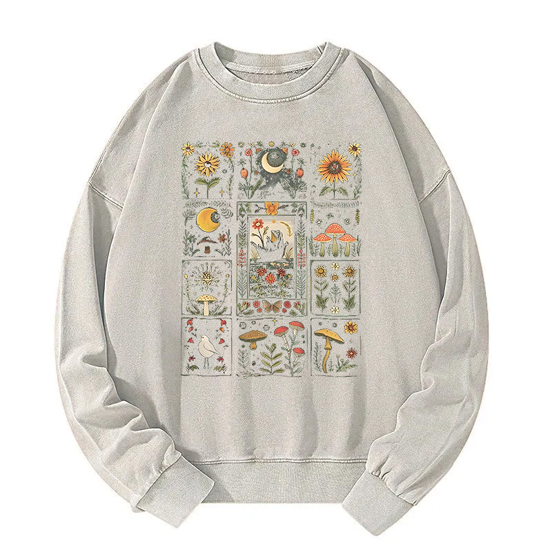 Frog Cottagecore Floral Whimsical Mushroom Washed Sweatshirt