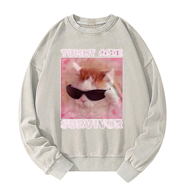 Tummy Ache Survivor Funny Cat Meme Washed Sweatshirt