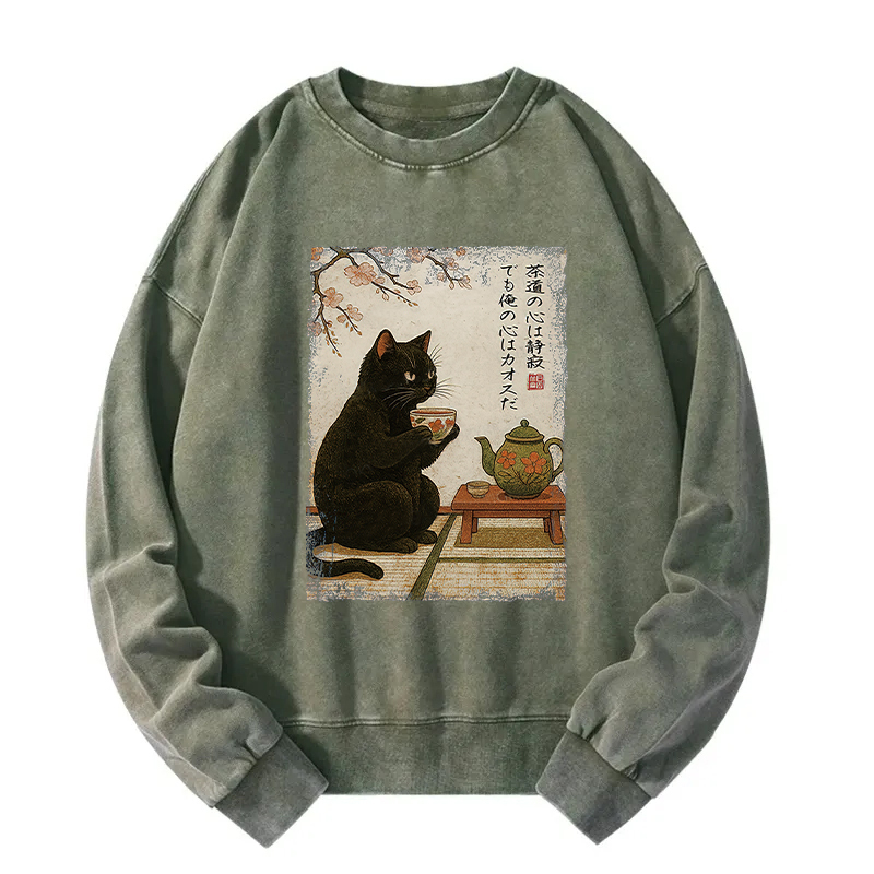 Tea Time With A Black Cat Washed Sweatshirt