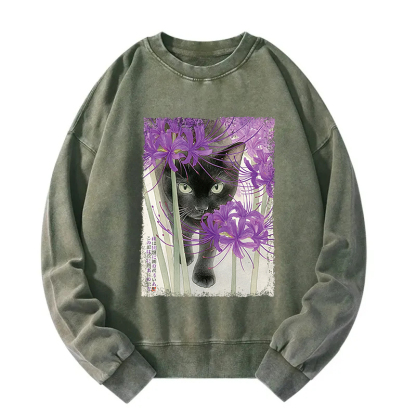 A Cat Among The Purple Spider Lily Washed Sweatshirt
